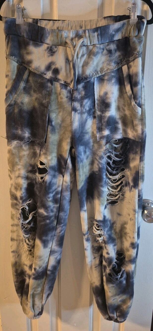 Women’s POL Distressed Green Blue Print Cargo Jogger Pants Size S Street Wear